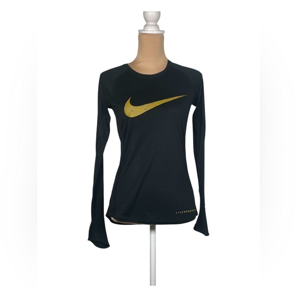 Nike Dri-FIT shirt with a gold Nike swoosh and the word "LIVESTRONG"‎ Small